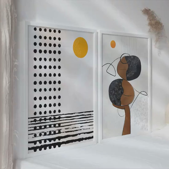Mid century modern neutral african american art set of 2. Contemporary livingroom abstract black woman gallery wall set