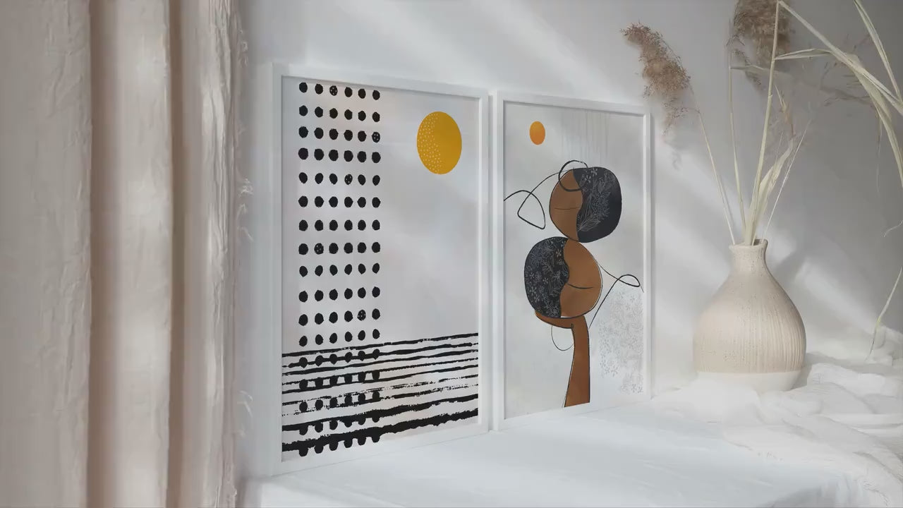 Mid century modern neutral african american art set of 2. Contemporary livingroom abstract black woman gallery wall set