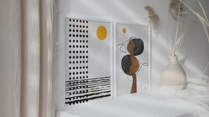Mid century modern neutral african american art set of 2. Contemporary livingroom abstract black woman gallery wall set