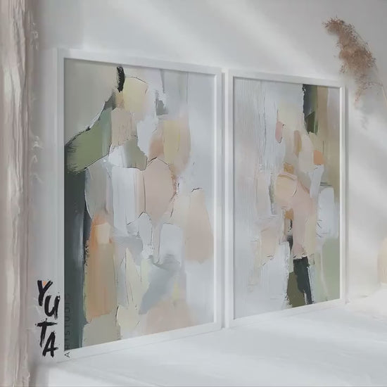 Abstract Pastel Wall Art Set of 2 – Modern Neutral Pink and Green Brush Stroke Prints