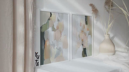 Abstract Pastel Wall Art Set of 2 – Modern Neutral Pink and Green Brush Stroke Prints