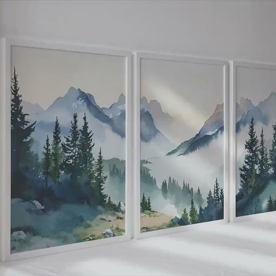 Modern navy blue green mountain wall art set of 3 print
