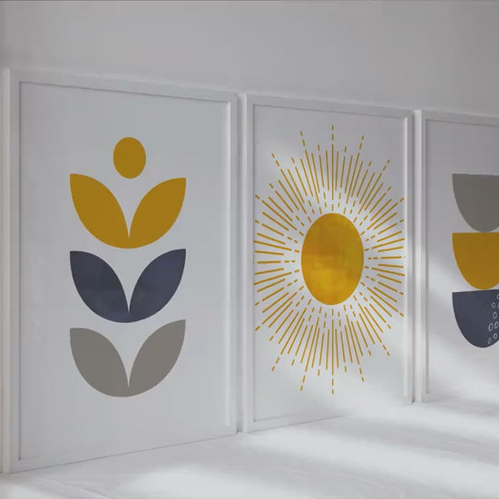 Blue mustard yellow modern boho set of 3 print. Mid century colorful large gallery 3 piece wall art