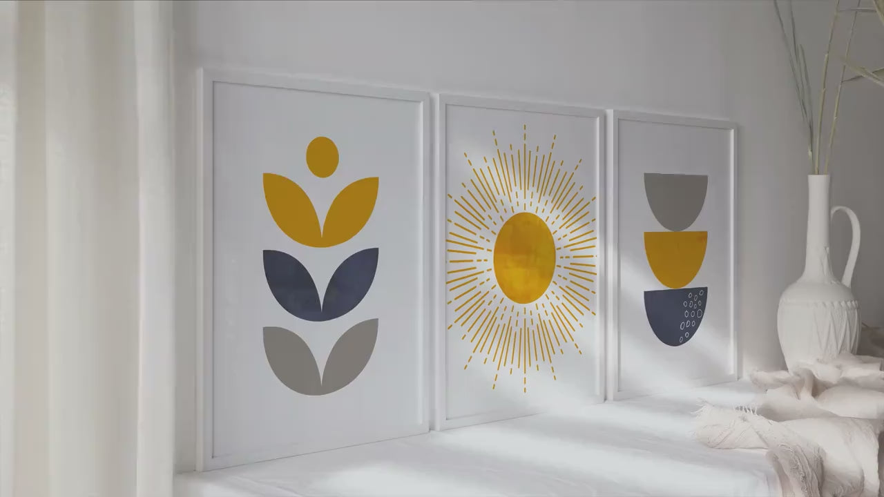 Blue mustard yellow modern boho set of 3 print. Mid century colorful large gallery 3 piece wall art