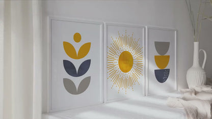 Blue mustard yellow modern boho set of 3 print. Mid century colorful large gallery 3 piece wall art