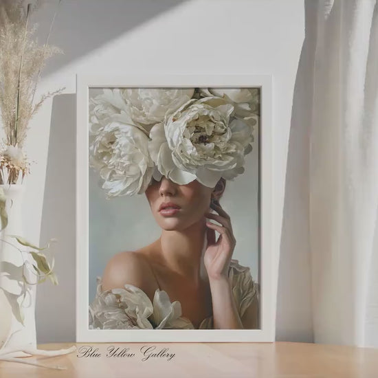 Modern Floral Portrait Wall Art Print, Woman with White Peonies, Neutral Feminine Artwork, Luxury Botanical Wall Decor, Fine Art Print