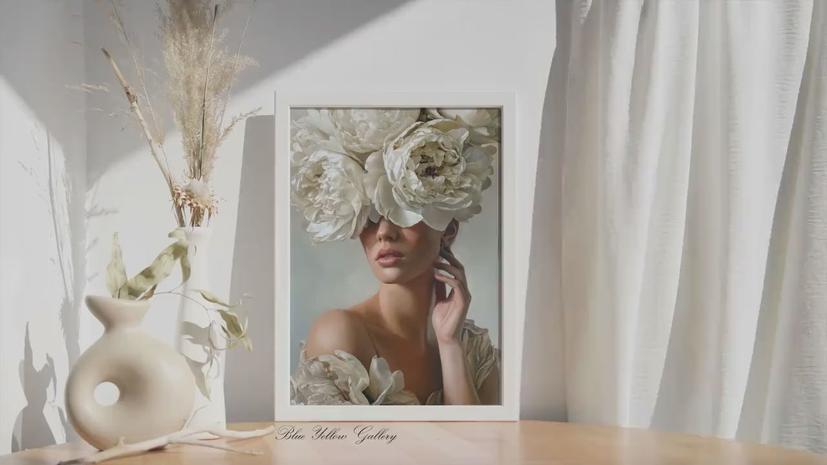 Modern Floral Portrait Wall Art Print, Woman with White Peonies, Neutral Feminine Artwork, Luxury Botanical Wall Decor, Fine Art Print