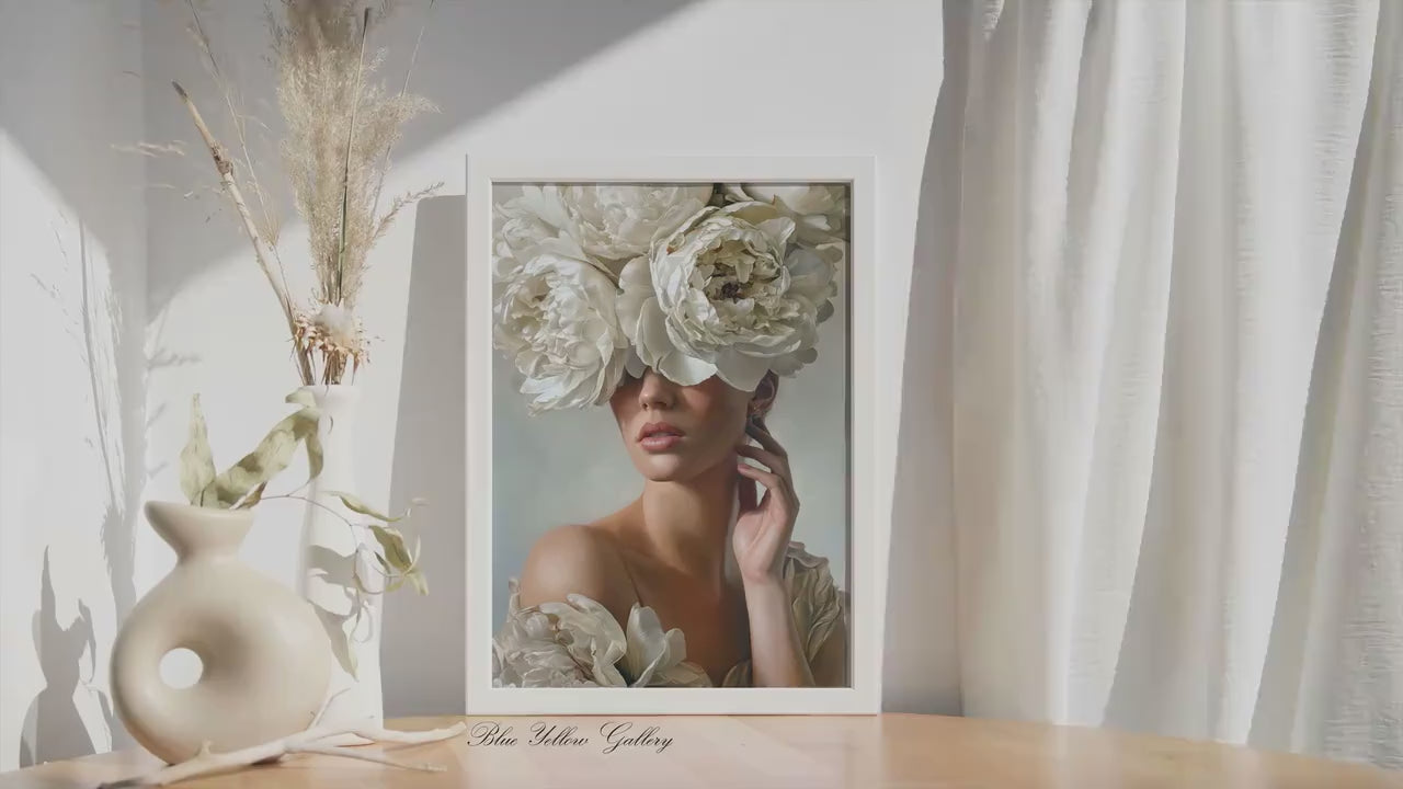 Modern Floral Portrait Wall Art Print, Woman with White Peonies, Neutral Feminine Artwork, Luxury Botanical Wall Decor, Fine Art Print