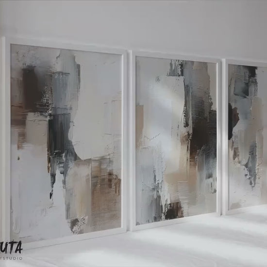 Neutral Abstract Wall Art Set of 3 | Beige Black Modern Prints | Minimalist Textured Posters