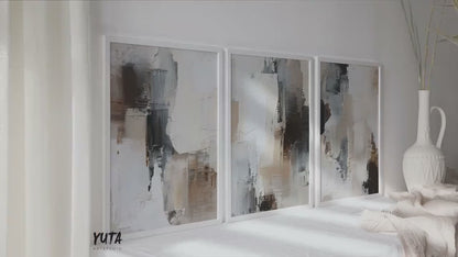 Neutral Abstract Wall Art Set of 3 | Beige Black Modern Prints | Minimalist Textured Posters