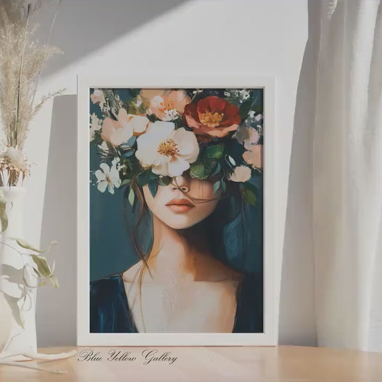 Floral Woman Portrait Print: Navy Mid-Century Boho Wall Art