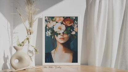 Floral Woman Portrait Print: Navy Mid-Century Boho Wall Art