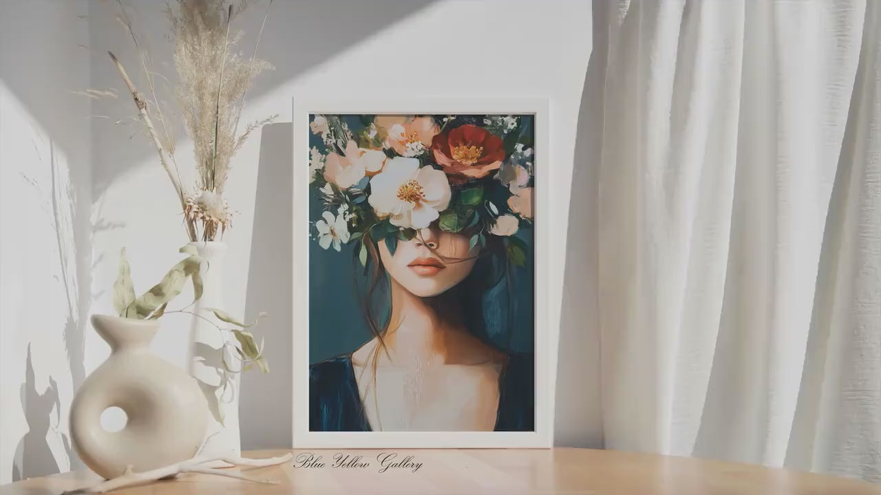 Floral Woman Portrait Print: Navy Mid-Century Boho Wall Art