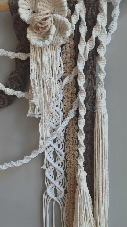 Large Macrame Wall Hanging, Neutral Fiber Wall Art, Sculptural Wall Decor, Floral Macrame, Boho Bedroom Decor