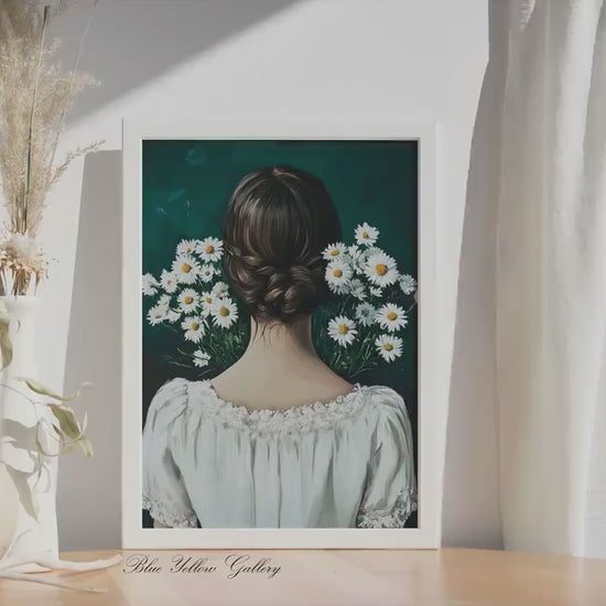 Emerald Green Woman with Daisies Print: Mid Century Portrait