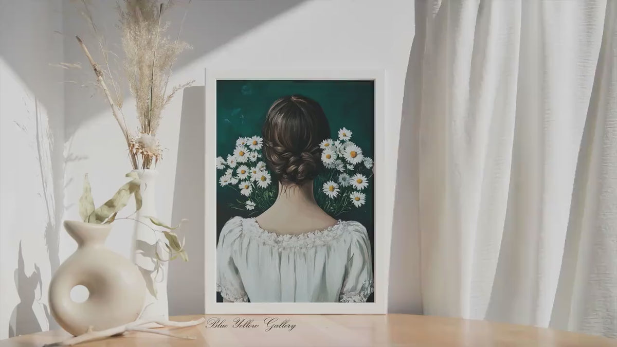 Emerald Green Woman with Daisies Print: Mid Century Portrait