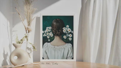 Emerald Green Woman with Daisies Print: Mid Century Portrait