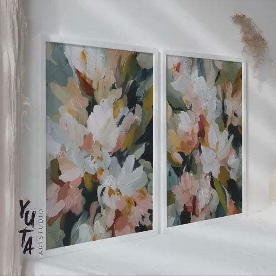 Abstract Floral Wall Art Set of 2, White Flower Canvas Prints, Modern Impressionist Botanical Decor
