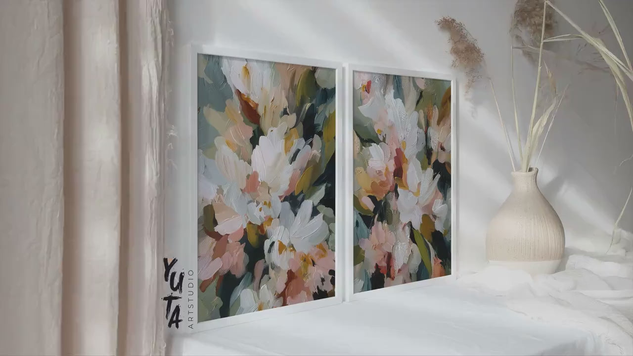 Abstract Floral Wall Art Set of 2, White Flower Canvas Prints, Modern Impressionist Botanical Decor