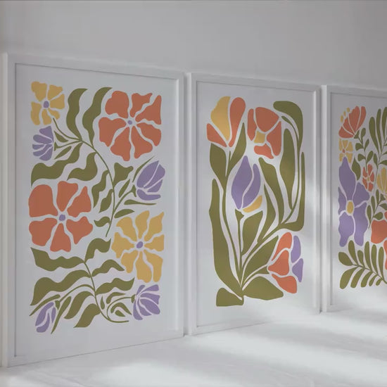 Matisse style floral set of 3 print. Light colorful minimalist botanical mid century gallery wall set