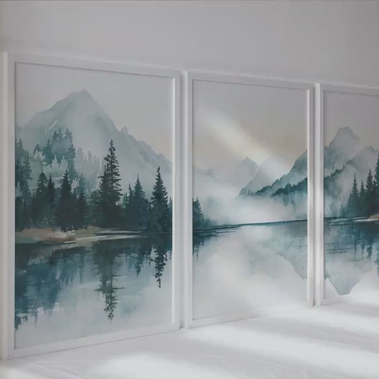 Modern emerald green blue mountain wall art set of 3 print