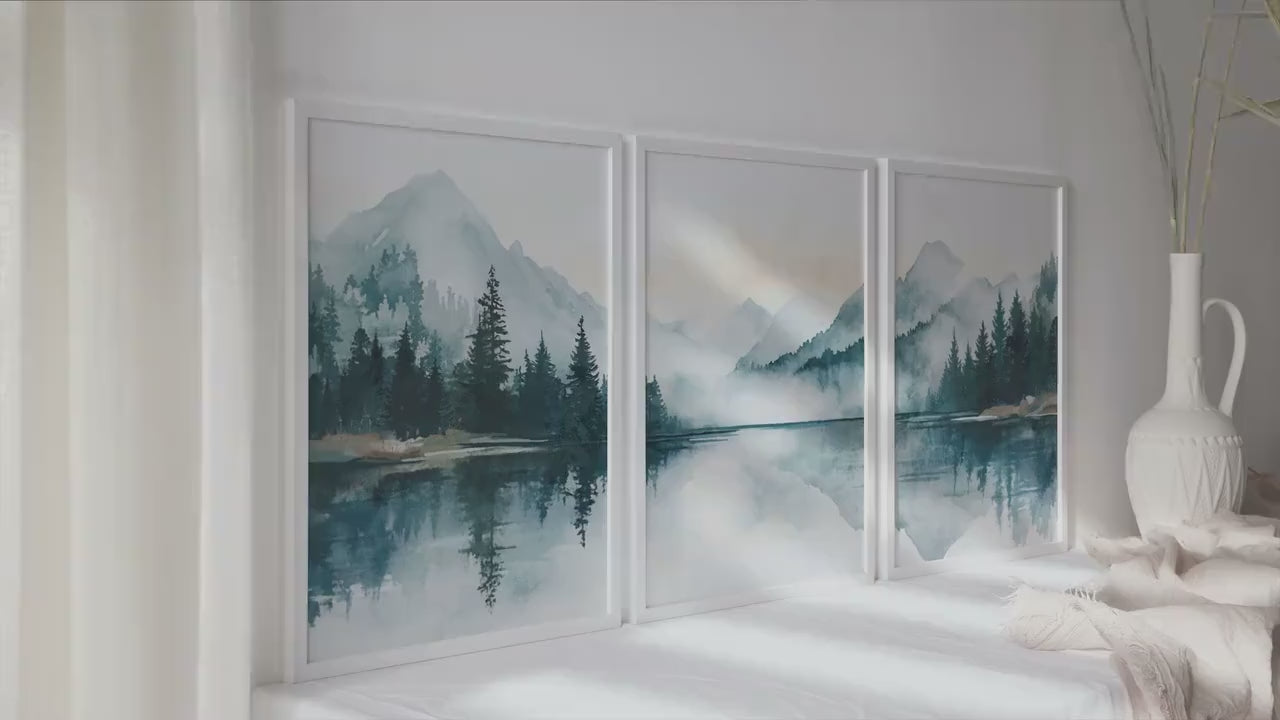 Modern emerald green blue mountain wall art set of 3 print