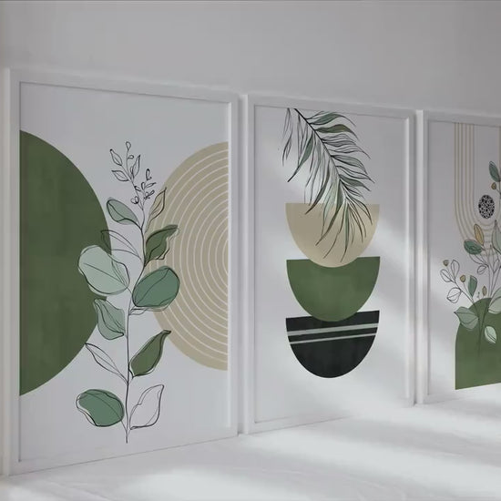 Green beige boho botanical wall art set of 3 prints. Mid century room decor