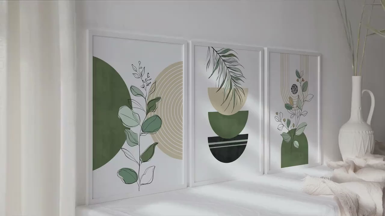 Green beige boho botanical wall art set of 3 prints. Mid century room decor