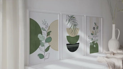 Green beige boho botanical wall art set of 3 prints. Mid century room decor