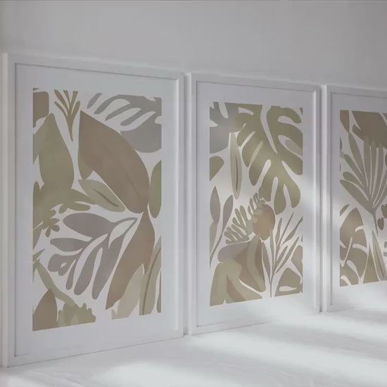 Neutral mocha tropical wall set of 3 print. Pastel naturals minimalist mid century gallery wall set