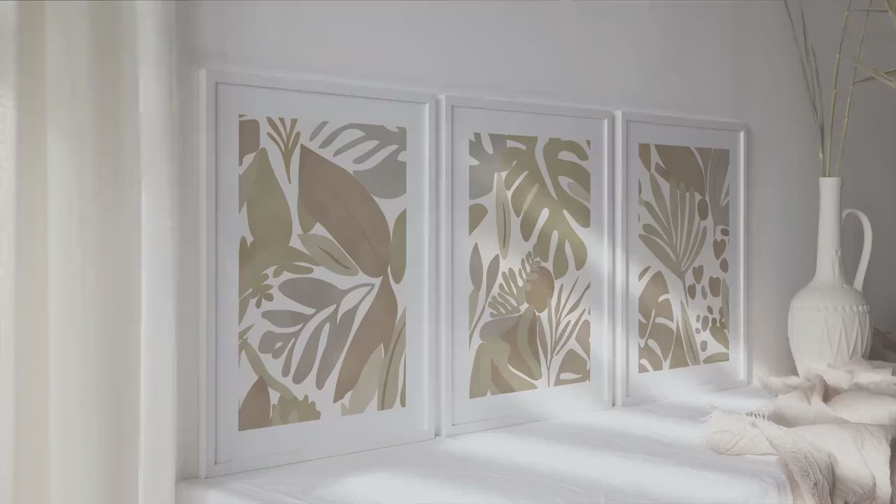 Neutral mocha tropical wall set of 3 print. Pastel naturals minimalist mid century gallery wall set