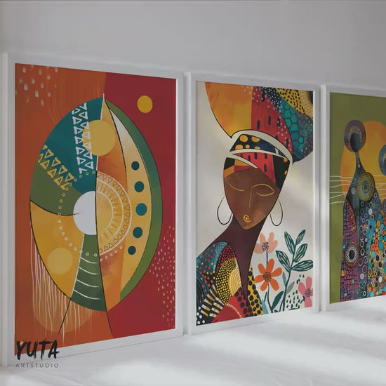 Colorful african wall art set of 3 print. Female african american wall art. Modern abstract people art
