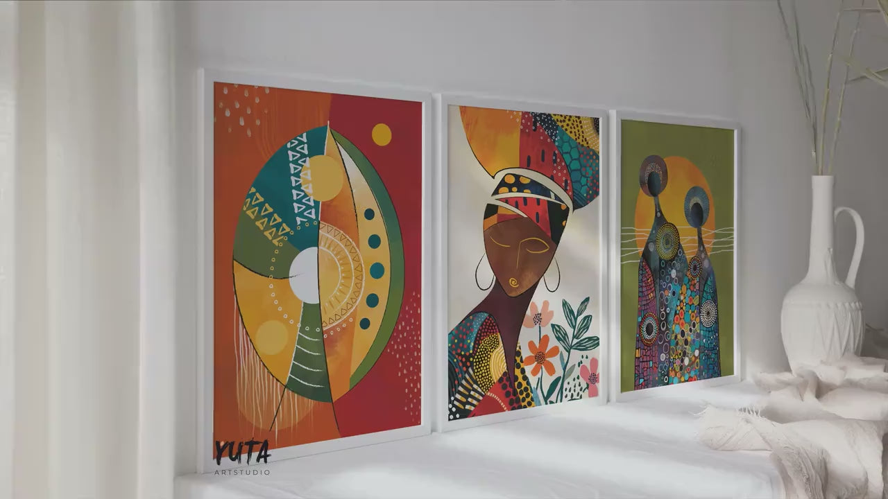 Colorful african wall art set of 3 print. Female african american wall art. Modern abstract people art
