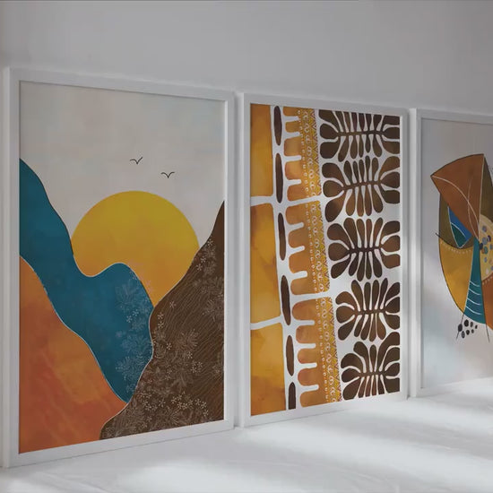 Colorful boho african wall art set of 3 prints. Modern ethnic african nature posters.