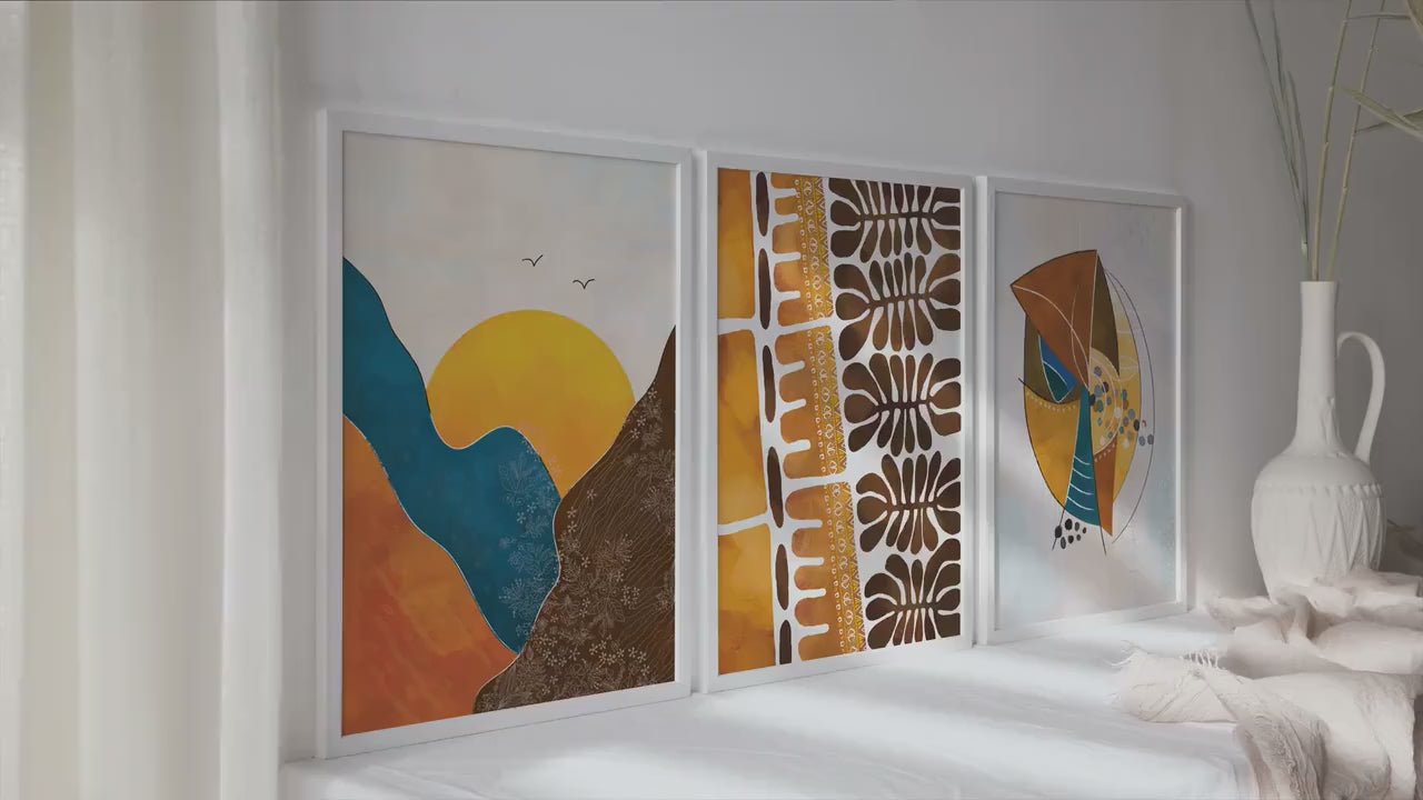 Colorful boho african wall art set of 3 prints. Modern ethnic african nature posters.