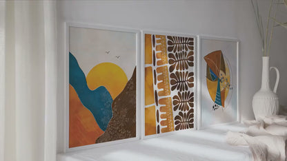 Colorful boho african wall art set of 3 prints. Modern ethnic african nature posters.