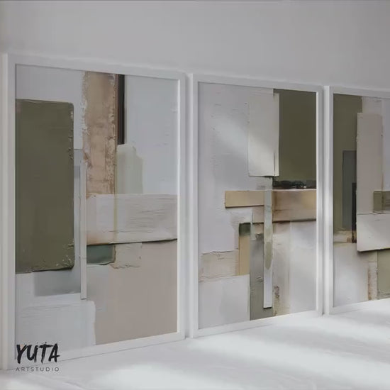Neutral Abstract Art. Olive Beige Minimal Geometric Triptych