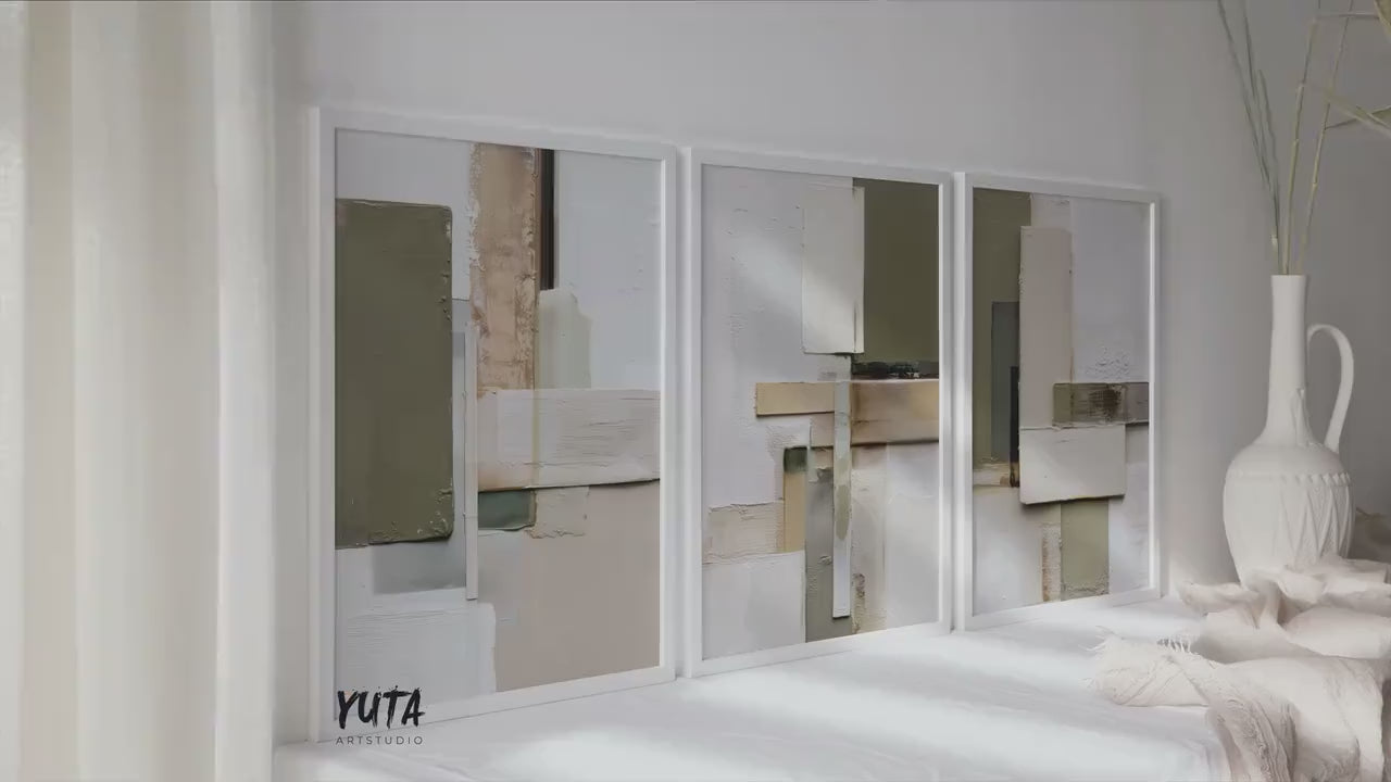 Neutral Abstract Art. Olive Beige Minimal Geometric Triptych