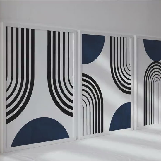 Abstract Navy Blue & Black Wall Art Set: Mid-Century Modern Prints