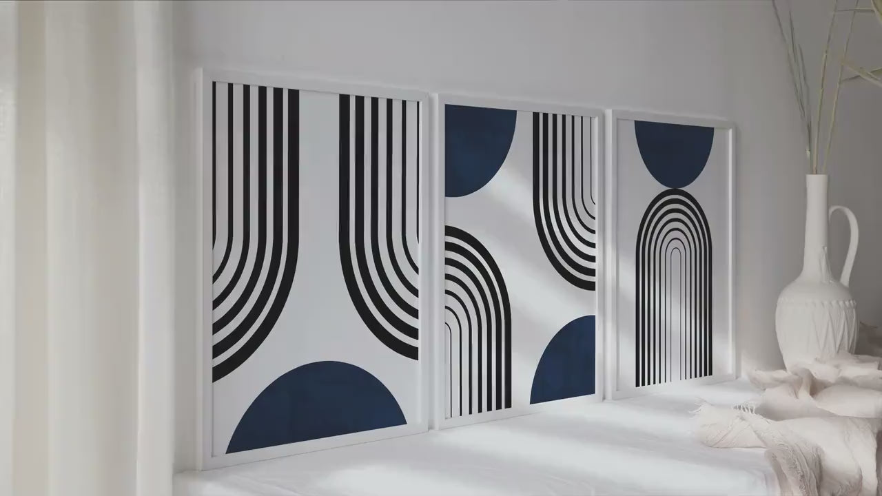 Abstract Navy Blue & Black Wall Art Set: Mid-Century Modern Prints