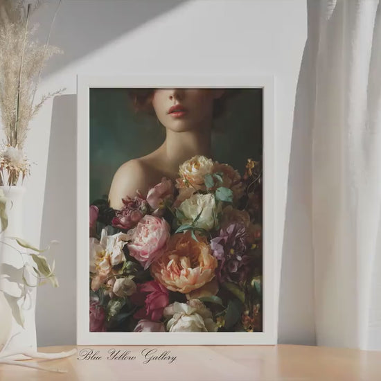 Moody Floral Woman Wall Art, Dark Romantic Peony Portrait Print, Luxury Feminine Bedroom Decor, Large Statement Canvas