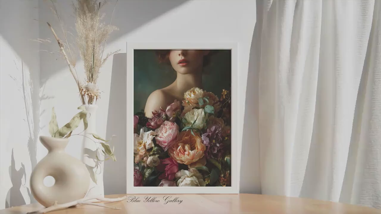 Moody Floral Woman Wall Art, Dark Romantic Peony Portrait Print, Luxury Feminine Bedroom Decor, Large Statement Canvas