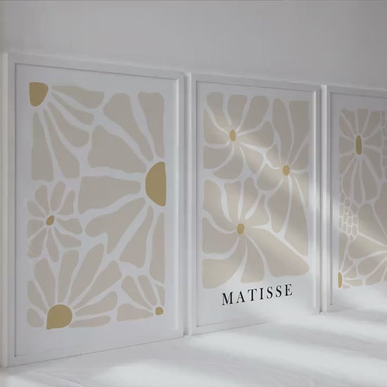 Neutral beige Matisse flower set of 3 print. Light naturals minimalist mid century gallery wall set
