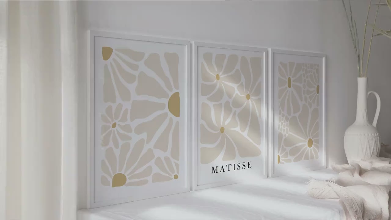 Neutral beige Matisse flower set of 3 print. Light naturals minimalist mid century gallery wall set
