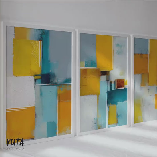 Abstract art set of 3 | Yellow teal wall art triptych | Modern geometric painting prints
