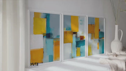 Abstract art set of 3 | Yellow teal wall art triptych | Modern geometric painting prints