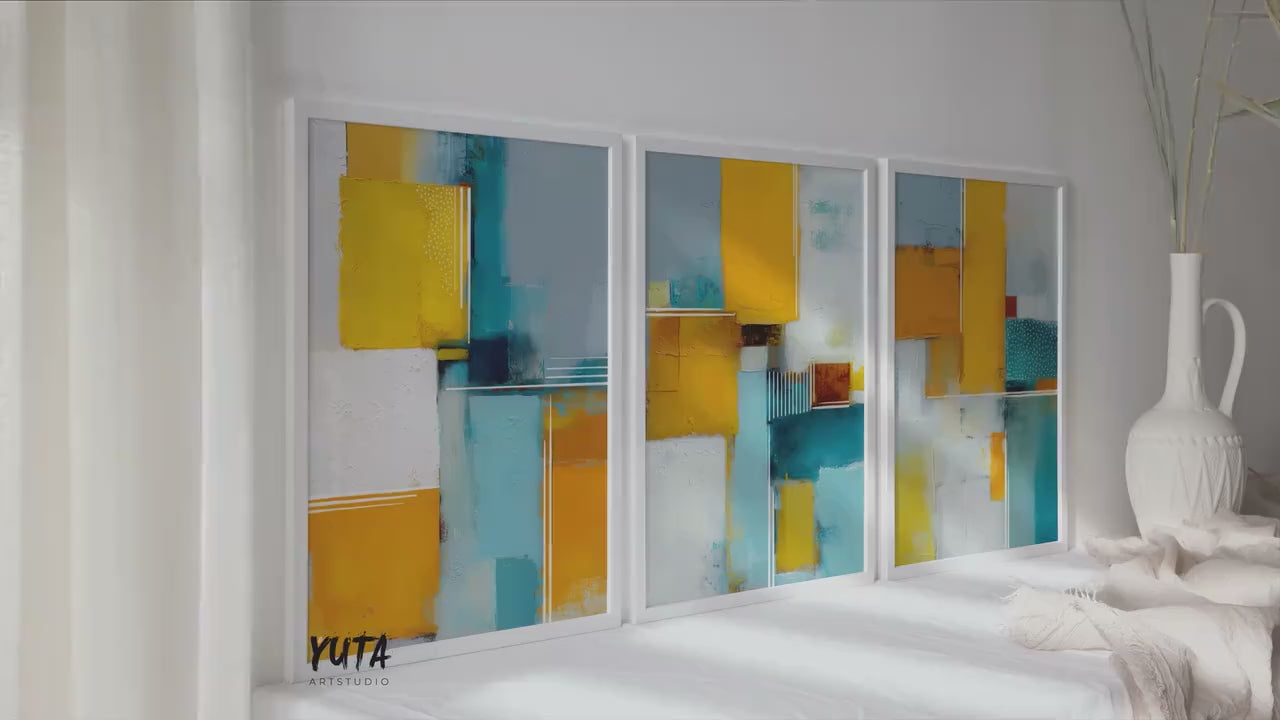 Abstract art set of 3 | Yellow teal wall art triptych | Modern geometric painting prints