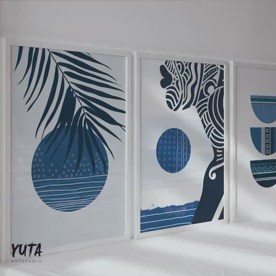 Navy Blue Abstract African Art Print Set of 3