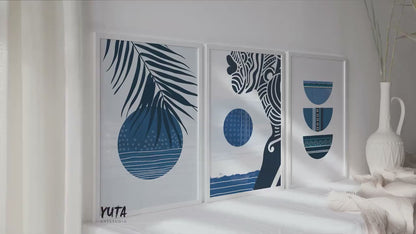 Navy Blue Abstract African Art Print Set of 3