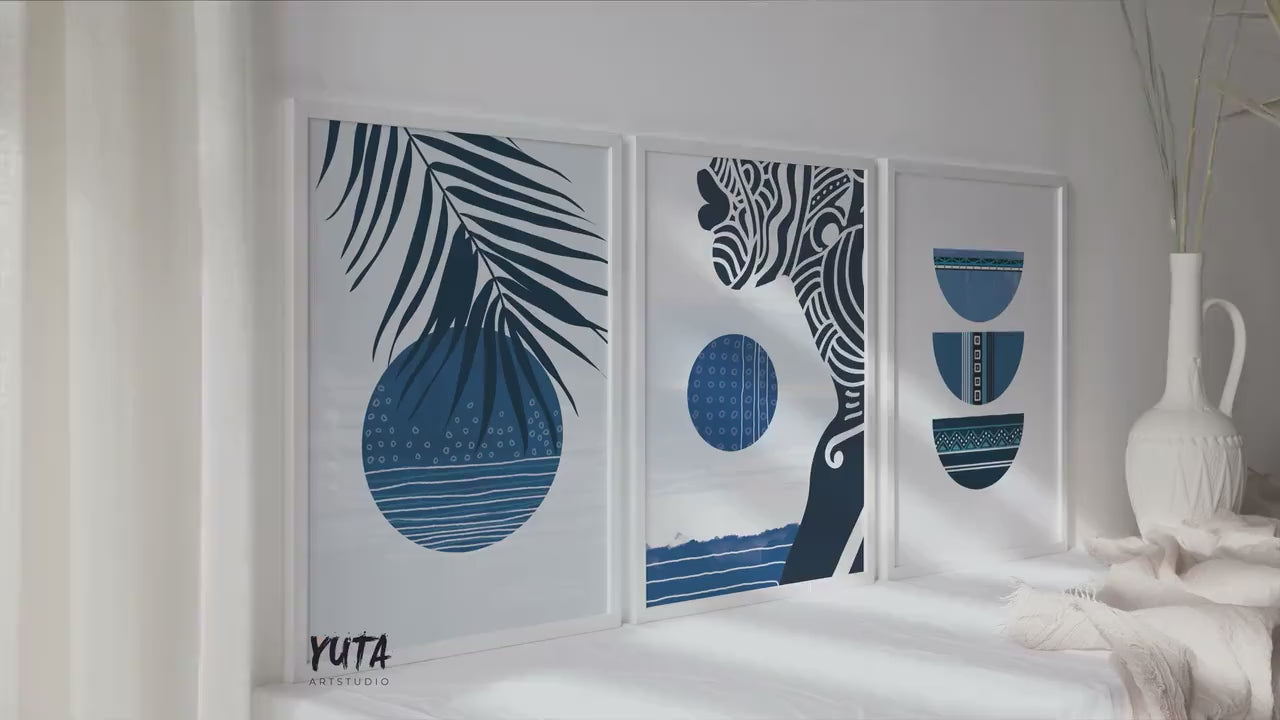 Navy Blue Abstract African Art Print Set of 3